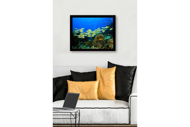 Kehystetty puutaulu - 41x56 cm - Parvi värikkäitä kaloja koralliriutalla - Sininen / Keltainen / Vihreä - Sisustustuotteet - Taulu & taide