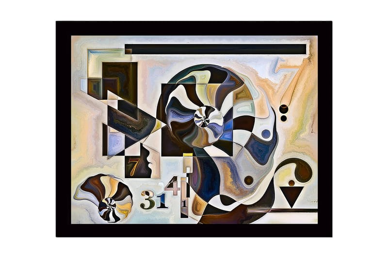 Kehystetty puupohjainen canvas - 41x56 cm - Abstrakti sommitelma spiraaleilla ja geometrisilla muodoilla, Musta / Valkoinen / Ruskea