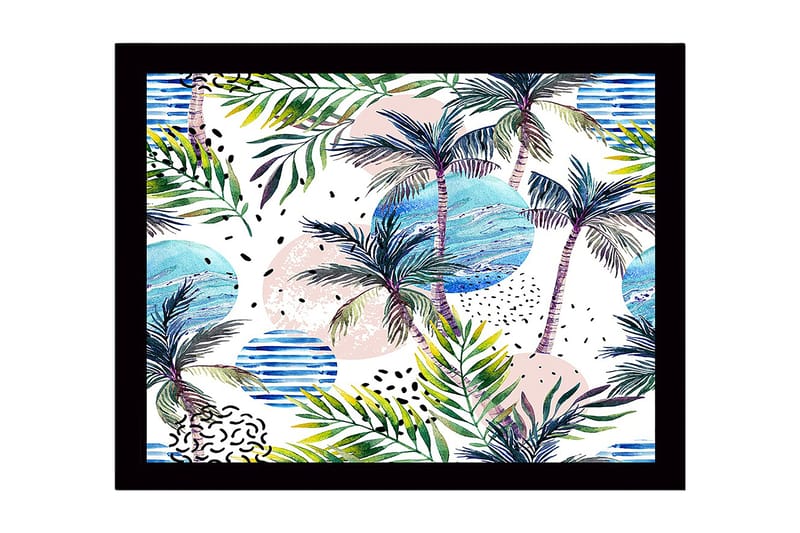 Kehystetty puutaulu canvasille - 41x56 cm - Trooppinen maisema palmuilla ja värikkäillä ympyröillä, Vihreä / Sininen / Vaaleanpunainen