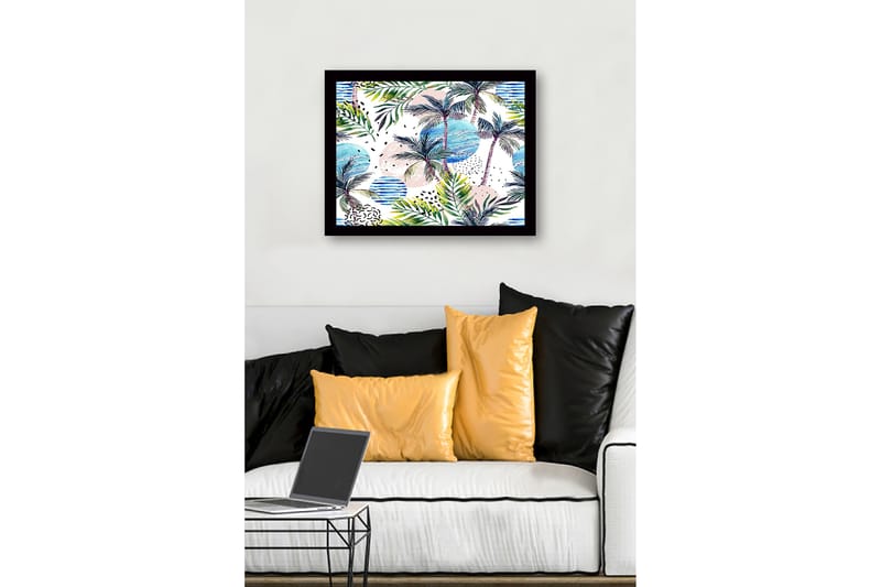 Kehystetty puutaulu canvasille - 41x56 cm - Trooppinen maisema palmuilla ja värikkäillä ympyröillä - Vihreä / Sininen / Vaaleanpunainen - Sisustustuotteet - Taulu & taide