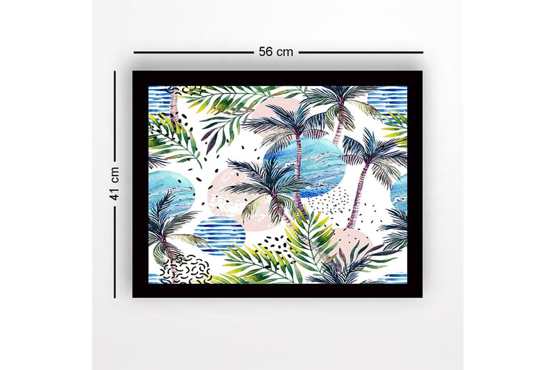 Kehystetty puutaulu canvasille - 41x56 cm - Trooppinen maisema palmuilla ja värikkäillä ympyröillä - Vihreä / Sininen / Vaaleanpunainen - Sisustustuotteet - Taulu & taide