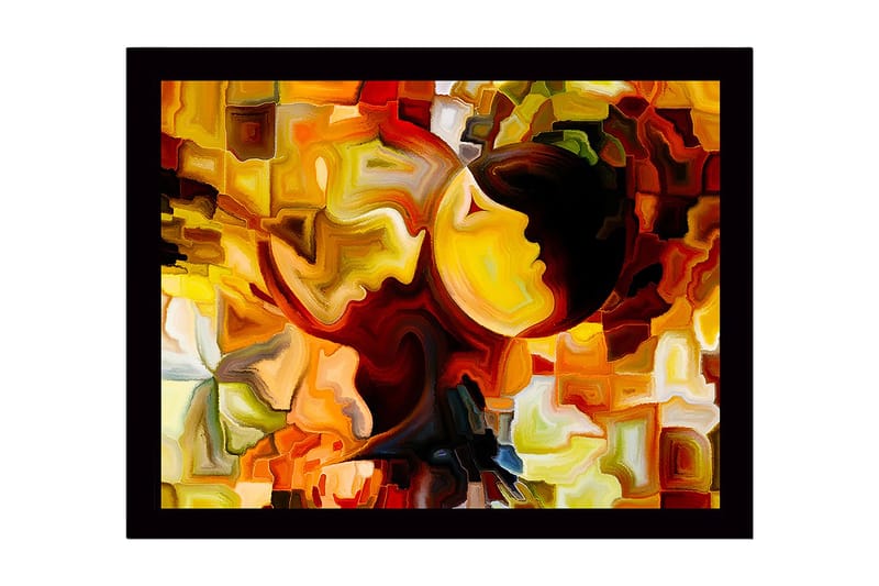 Kehystetty puukangas - 41x56 cm - Abstrakti sommitelma, jossa kasvot kontrastiväreissä, Kulta / Oranssi / Tummanruskea