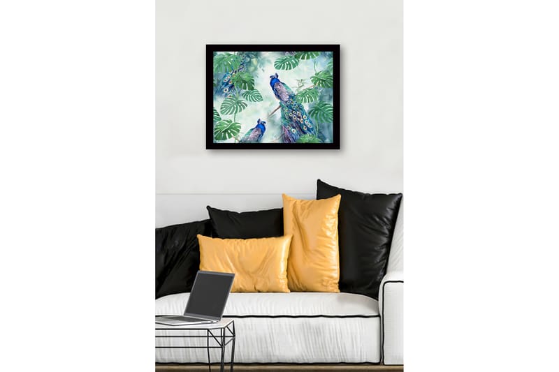 Kehystetty puutaulu canvasille - 41x56 cm - Värikkäitä riikinkukkoja trooppisten kasvien ympäröimänä - Vihreä / Sininen / Turkoosi - Sisustustuotteet - Taulu & taide