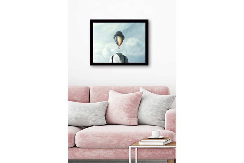 Kehystetty puutaulu canvasille - 41x56 cm - Päätön mies valkoisessa paidassa ja värikäs kuumailmapallo yläpuolella - Sininen / Vihreä / Punainen - Sisustustuotteet - Taulu & taide