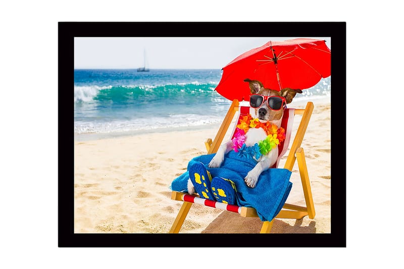 Kehystetty puutaulu - 41x56 cm - Koira rentoutuu rannalla lepotuolissa aurinkolasien ja aurinkovarjon kanssa, Punainen / Sininen / Keltainen
