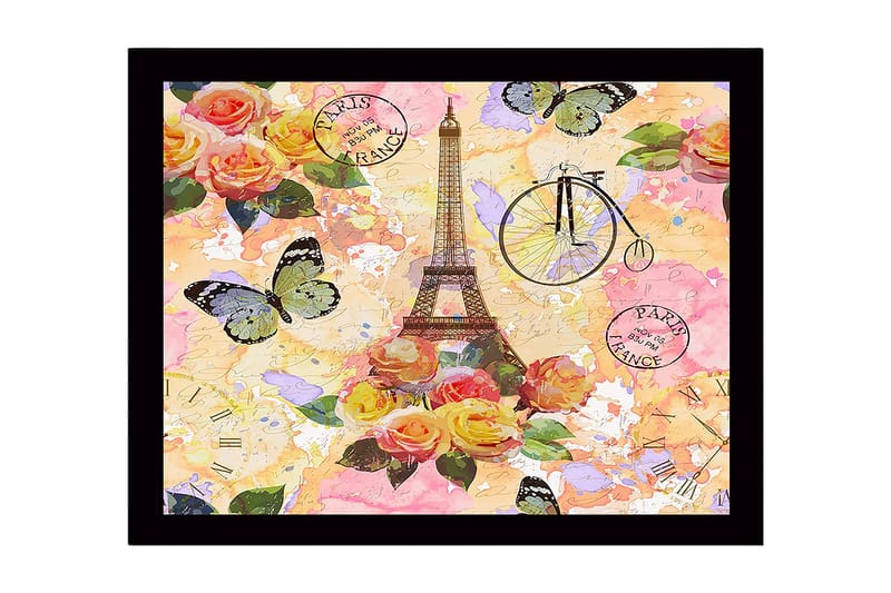 Kehystetty puutaulu canvasille - 41x56 cm - Eiffel-torni värikkäiden kukkien ja perhosten ympäröimänä, Vaaleanpunainen / Keltainen / Vihreä