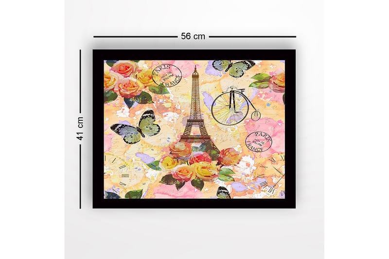Kehystetty puutaulu canvasille - 41x56 cm - Eiffel-torni värikkäiden kukkien ja perhosten ympäröimänä - Vaaleanpunainen / Keltainen / Vihreä - Sisustustuotteet - Taulu & taide
