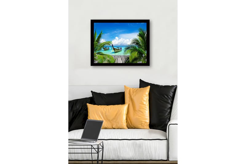 Kehystetty puutaulu canvasille - 41x56 cm - Trooppinen ranta veneillä ja palmuilla - Turkoosi / Vihreä / Sininen - Sisustustuotteet - Taulu & taide