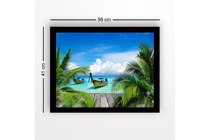 Kehystetty puutaulu canvasille - 41x56 cm - Trooppinen ranta veneillä ja palmuilla - Turkoosi / Vihreä / Sininen - Sisustustuotteet - Taulu & taide