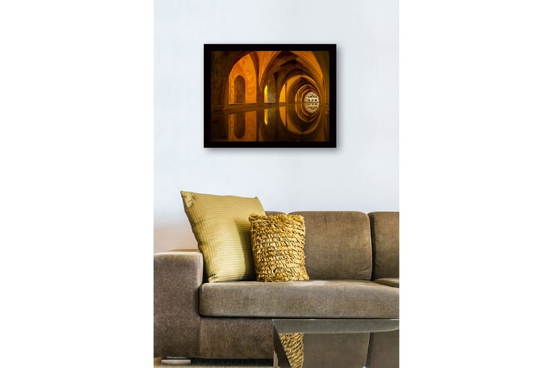 Kehystetty puucanvas - 41x56 cm - Kaunis arkkitehtuuri heijastuu tyynessä veden pinnassa - Kulta / Oranssi / Ruskea - Sisustustuotteet - Taulu & taide