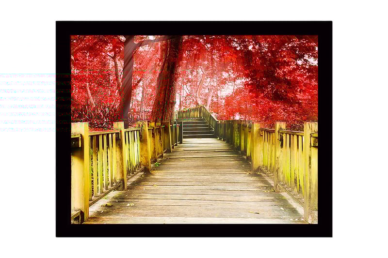 Kehystetty puutaulu canvasille - 41x56 cm - Kaunis puinen silta punaisten puiden ympäröimänä syksyisessä ympäristössä, Punainen / Keltainen / Ruskea