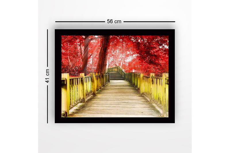 Kehystetty puutaulu canvasille - 41x56 cm - Kaunis puinen silta punaisten puiden ympäröimänä syksyisessä ympäristössä - Punainen / Keltainen / Ruskea - Sisustustuotteet - Taulu & taide
