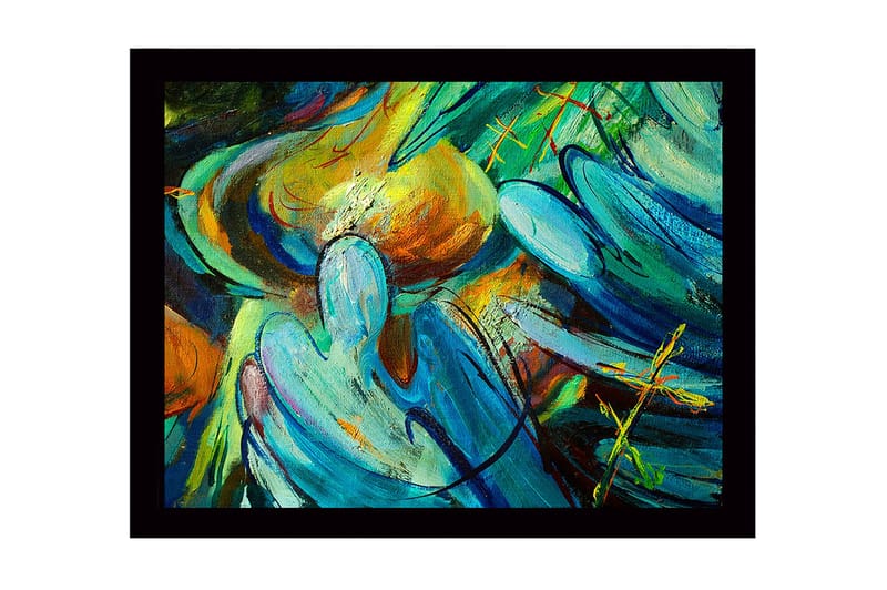 Kehystetty puukangas - 41x56 cm - Abstrakti sommitelma virtaavilla muodoilla ja väreillä, Turkoosi / Oranssi / Vihreä
