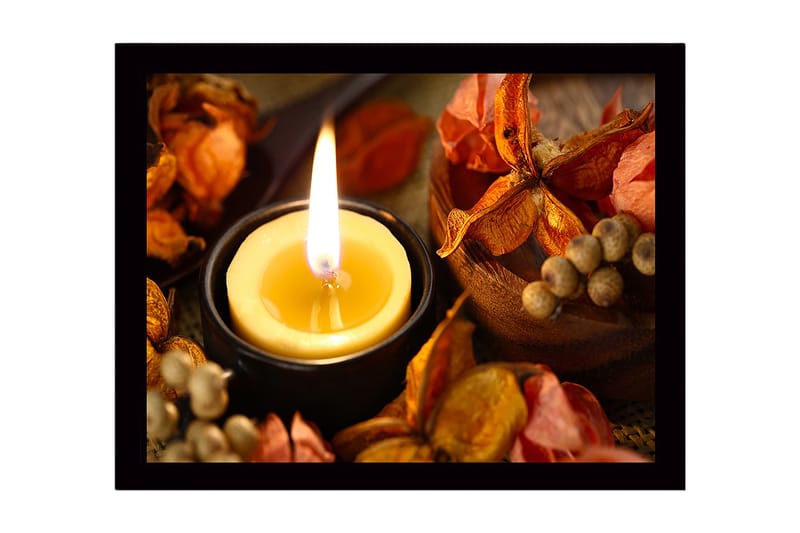 Kehystetty puutaulu canvasille - 41x56 cm - Kynttilälyhty, jota ympäröivät kuivatut kukat ja hedelmät, Kulta / Oranssi / Ruskea