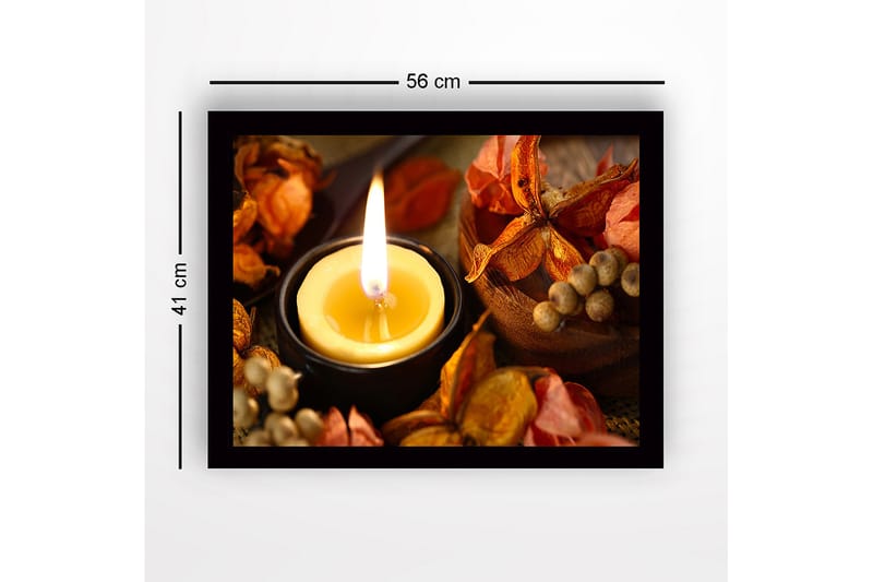 Kehystetty puutaulu canvasille - 41x56 cm - Kynttilälyhty, jota ympäröivät kuivatut kukat ja hedelmät - Kulta / Oranssi / Ruskea - Sisustustuotteet - Taulu & taide