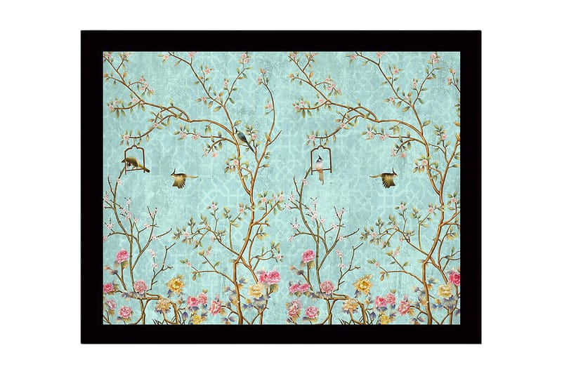 Kehystetty puukangas - 41x56 cm - Värikäs sommitelma linnuista ja kukista rehevässä ympäristössä, Sininen / Vaaleanpunainen / Vihreä