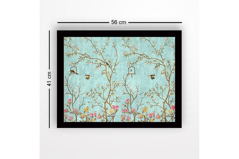 Kehystetty puukangas - 41x56 cm - Värikäs sommitelma linnuista ja kukista rehevässä ympäristössä - Sininen / Vaaleanpunainen / Vihreä - Sisustustuotteet - Taulu & taide