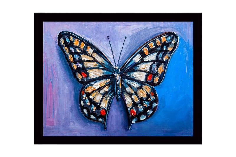 Kehystetty puutaulu canvasille - 41x56 cm - Värikäs perhonen yksityiskohtaisilla siivillä, Sininen / Oranssi / Musta