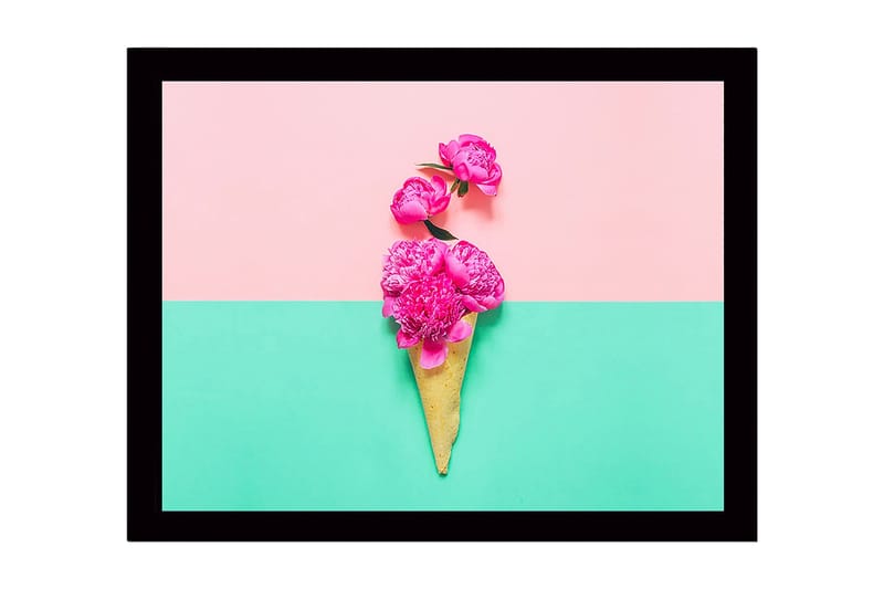 Kehystetty puutaulu canvasille - 41x56 cm - Kukkia lasikartiossa värikästä taustaa vasten, Vaaleanpunainen / Vihreä / Keltainen