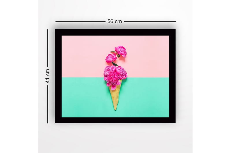 Kehystetty puutaulu canvasille - 41x56 cm - Kukkia lasikartiossa värikästä taustaa vasten - Vaaleanpunainen / Vihreä / Keltainen - Sisustustuotteet - Taulu & taide