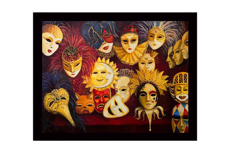 Kehystetty puutaulu canvasille - 41x56 cm - Värikkäitä naamioita erilaisilla ilmeill�ä ja yksityiskohdilla - Kulta / Punainen / Musta - Sisustustuotteet - Taulu & taide