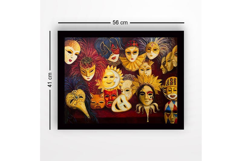 Kehystetty puutaulu canvasille - 41x56 cm - Värikkäitä naamioita erilaisilla ilmeillä ja yksityiskohdilla - Kulta / Punainen / Musta - Sisustustuotteet - Taulu & taide
