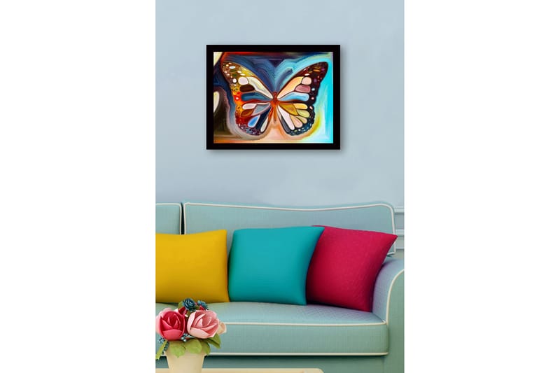 Kehystetty puutaulu canvasille - 41x56 cm - Värikäs perhonen yksityiskohtaisilla kuvioilla - Sininen / Oranssi / Keltainen - Sisustustuotteet - Taulu & taide