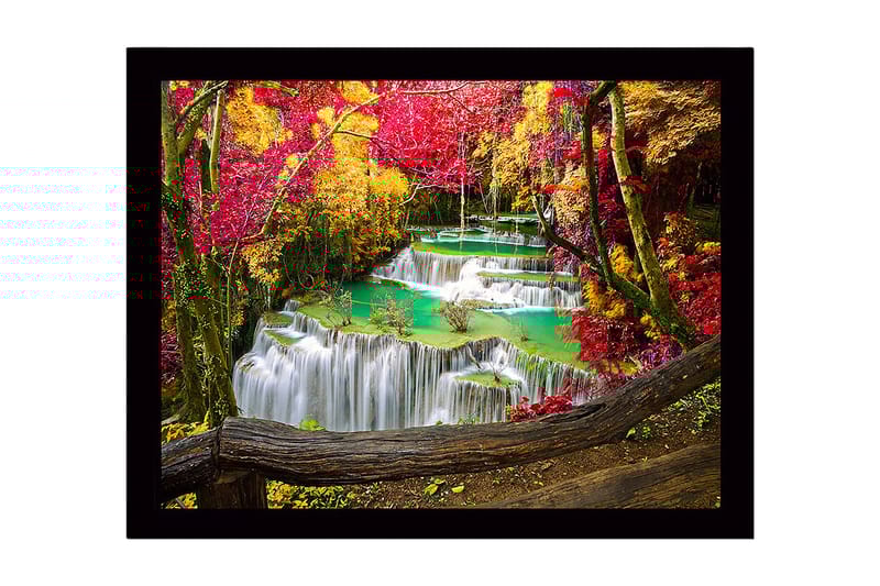 Kehystetty puutaulu canvasille - 41x56 cm - Kaunis vesiputous ympäröivillä syksyn väreillä, Punainen / Keltainen / Turkoosi