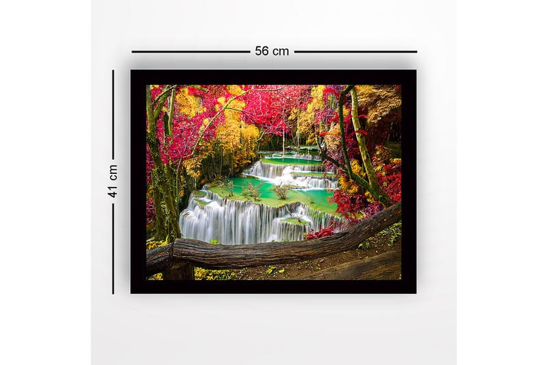 Kehystetty puutaulu canvasille - 41x56 cm - Kaunis vesiputous ympäröivillä syksyn väreillä - Punainen / Keltainen / Turkoosi - Sisustustuotteet - Taulu & taide