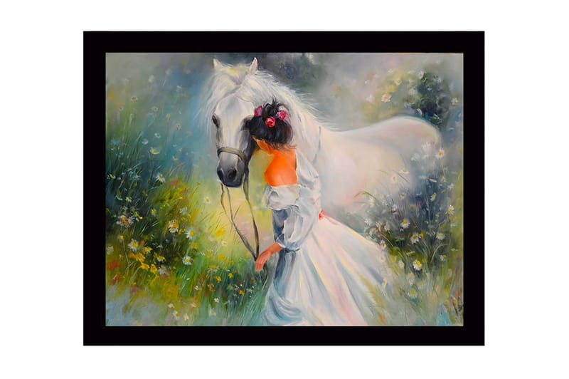 Kehystetty puinen canvas-taulu - 41x56 cm - Tyttö taluttamassa valkoista hevosta kukkivalla niityllä, Valkoinen / Vihreä / Oranssi