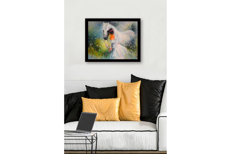 Kehystetty puinen canvas-taulu - 41x56 cm - Tyttö taluttamassa valkoista hevosta kukkivalla niityllä - Valkoinen / Vihreä / Oranssi - Sisustustuotteet - Taulu & taide