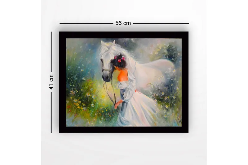 Kehystetty puinen canvas-taulu - 41x56 cm - Tyttö taluttamassa valkoista hevosta kukkivalla niityllä - Valkoinen / Vihreä / Oranssi - Sisustustuotteet - Taulu & taide
