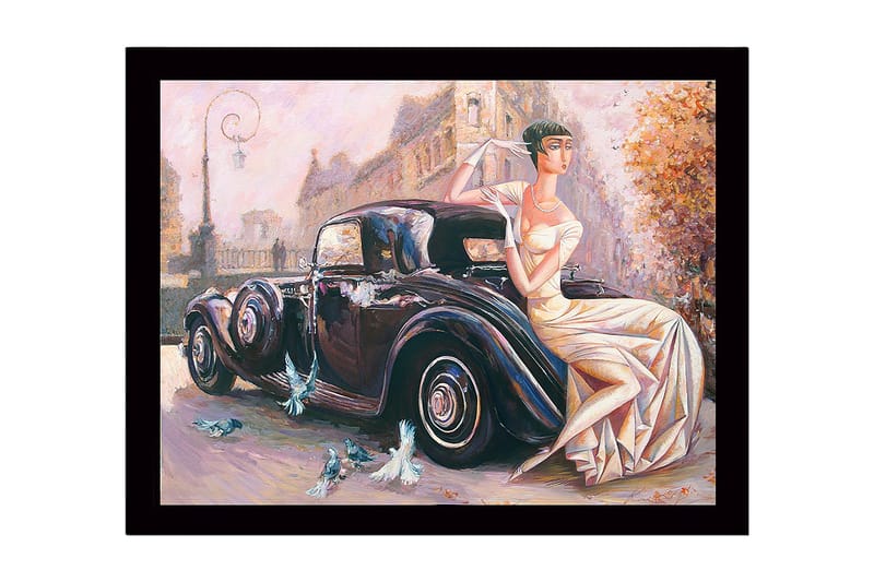 Kehystetty puutaulu canvasille - 41x56 cm - Elegantti nainen valkoisessa mekossa istumassa klassikkoautossa - Musta / Beige / Vaaleanpunainen - Sisustustuotteet - Taulu & taide