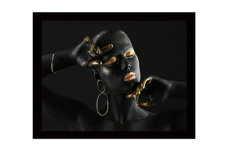 Kehystetty puutaulu canvasille - 41x56 cm - Elegantti muotokuva naisesta mustalla vartalomaalauksella ja kultaisilla yksityiskohdilla, Musta / Kulta