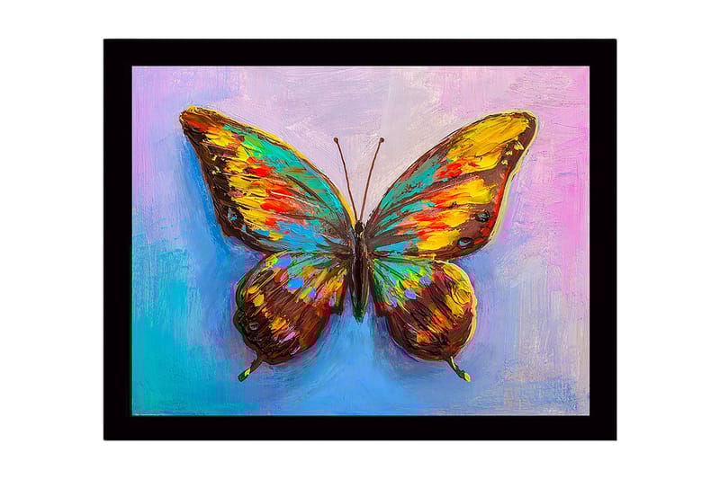 Kehystetty puutaulu canvasille - 41x56 cm - Värikäs perhonen yksityiskohtaisilla siivillä, Kulta / Ruskea / Turkoosi