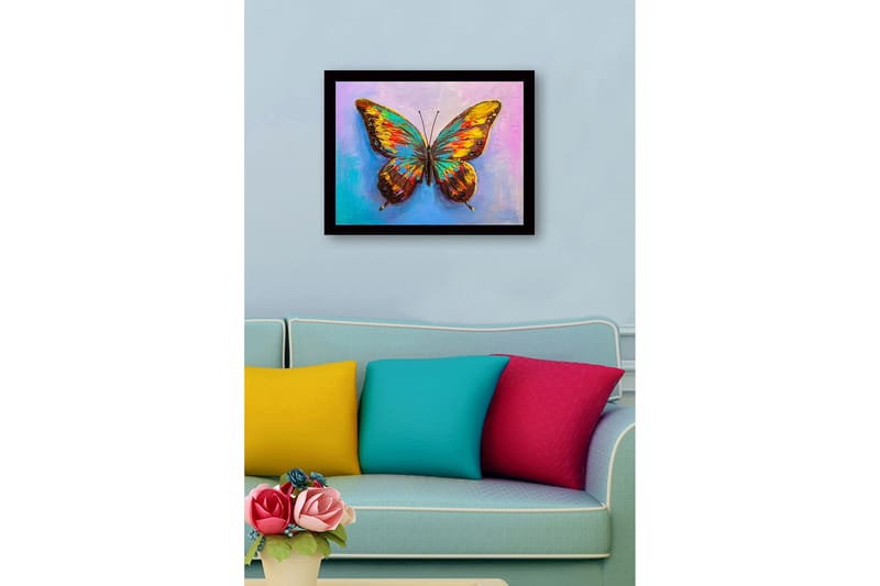Kehystetty puutaulu canvasille - 41x56 cm - Värikäs perhonen yksityiskohtaisilla siivillä - Kulta / Ruskea / Turkoosi - Sisustustuotteet - Taulu & taide
