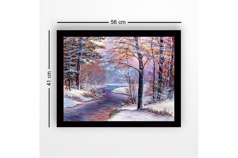 Kehystetty puinen canvas-taulu - 41x56 cm - Talvimaisema rauhallisella joella ja lumipeitteisillä puilla - Sininen / Valkoinen / Vaaleanpunainen - Sisustustuotteet - Taulu & taide