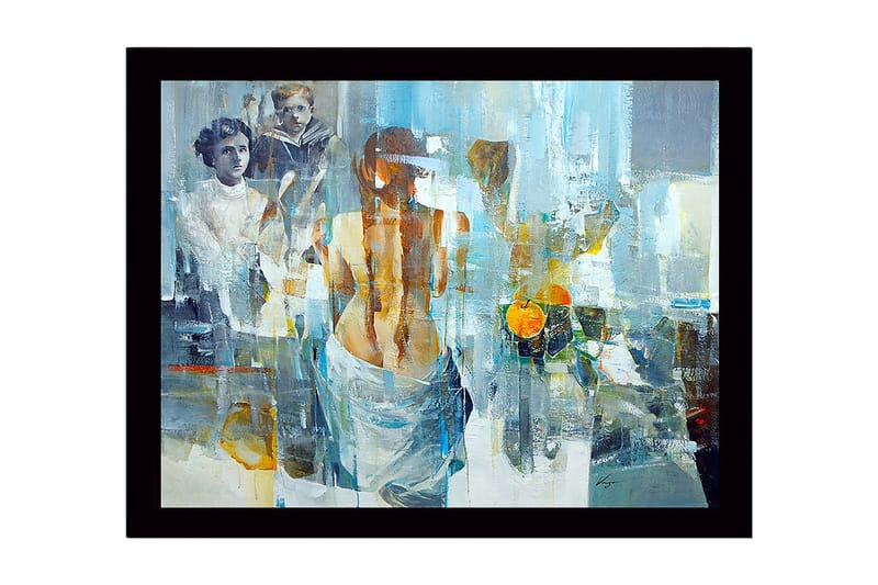 Kehystetty puukangas - 41x56 cm - Figuratiivinen sommitelma, jossa nainen kääntää selkänsä katsojalle ja taustalla kaksi lasta, Sininen / Oranssi / Harmaa