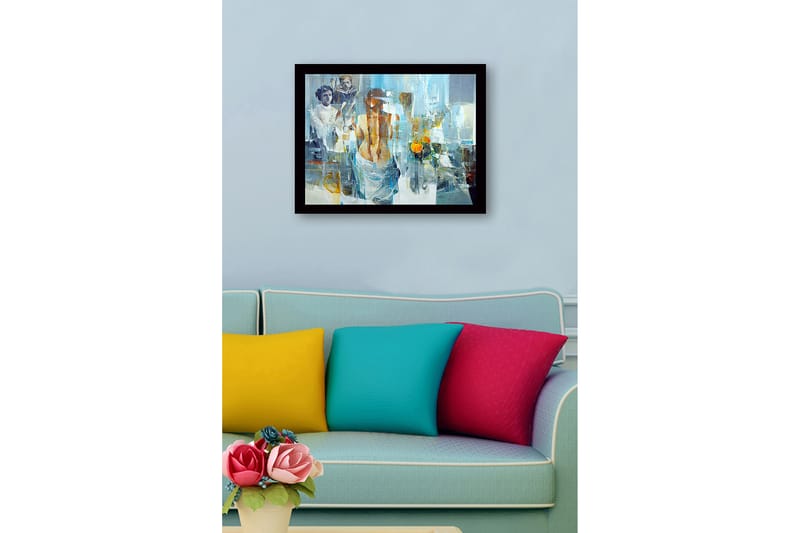 Kehystetty puukangas - 41x56 cm - Figuratiivinen sommitelma, jossa nainen kääntää selkänsä katsojalle ja taustalla kaksi lasta - Sininen / Oranssi / Harmaa - Sisustustuotteet - Taulu & taide