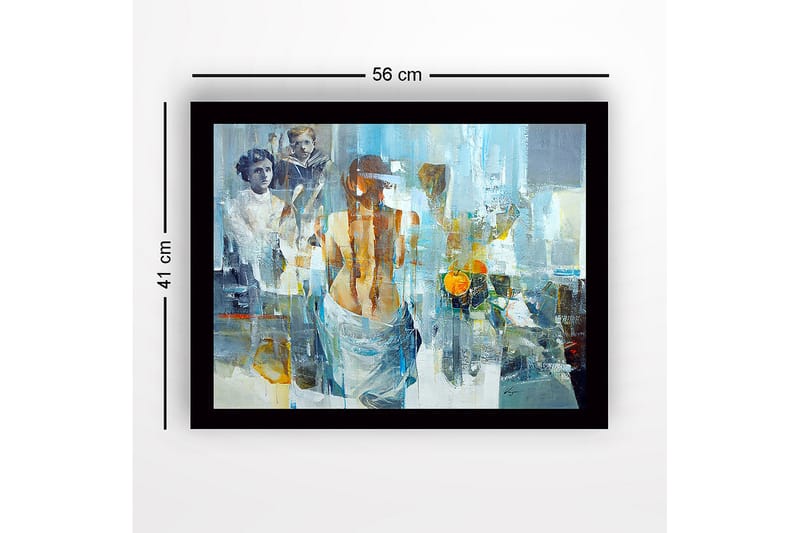 Kehystetty puukangas - 41x56 cm - Figuratiivinen sommitelma, jossa nainen kääntää selkänsä katsojalle ja taustalla kaksi lasta - Sininen / Oranssi / Harmaa - Sisustustuotteet - Taulu & taide