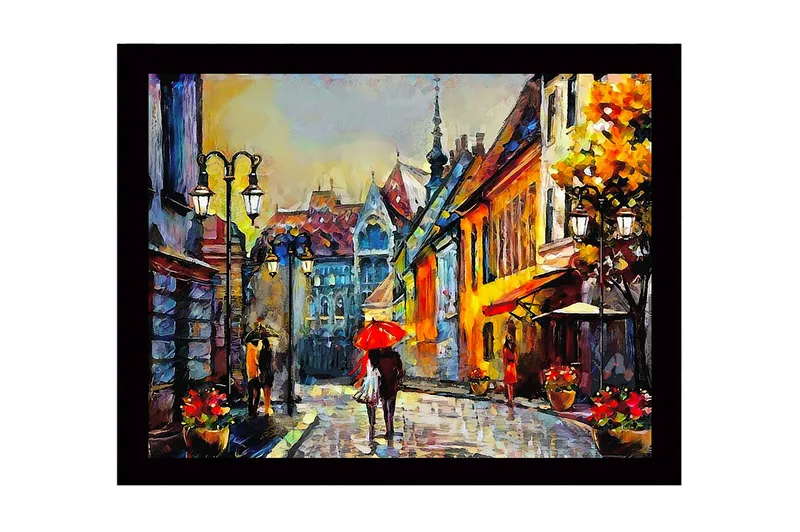 Kehystetty puutaulu canvasille - 41x56 cm - Vilkas katu ihmisten ja aurinkovarjojen kanssa kaupunkiympäristössä, Keltainen / Punainen / Sininen