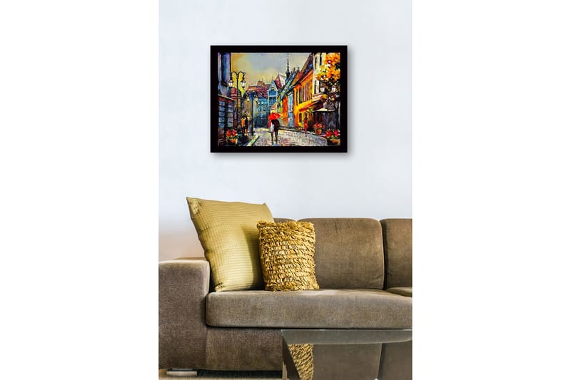 Kehystetty puutaulu canvasille - 41x56 cm - Vilkas katu ihmisten ja aurinkovarjojen kanssa kaupunkiympäristössä - Keltainen / Punainen / Sininen - Sisustustuotteet - Taulu & taide