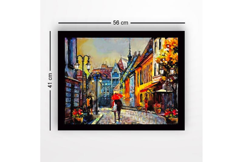 Kehystetty puutaulu canvasille - 41x56 cm - Vilkas katu ihmisten ja aurinkovarjojen kanssa kaupunkiympäristössä - Keltainen / Punainen / Sininen - Sisustustuotteet - Taulu & taide