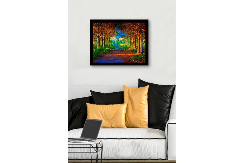 Kehystetty puutaulu canvas-taululla - 41x56 cm - Kaunis metsäpolku, jota ympäröivät kultaiset ja vihreät puut - Kulta / Vihreä / Ruskea - Sisustustuotteet - Taulu & taide