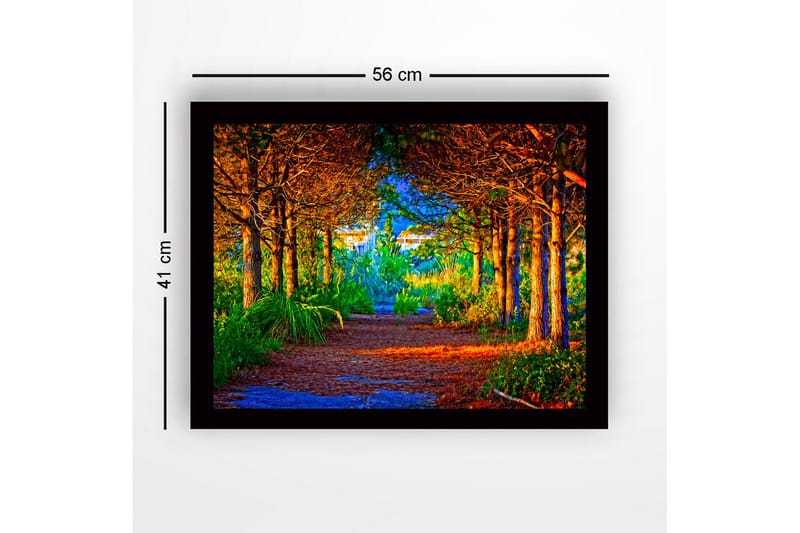 Kehystetty puutaulu canvas-taululla - 41x56 cm - Kaunis metsäpolku, jota ympäröivät kultaiset ja vihreät puut - Kulta / Vihreä / Ruskea - Sisustustuotteet - Taulu & taide