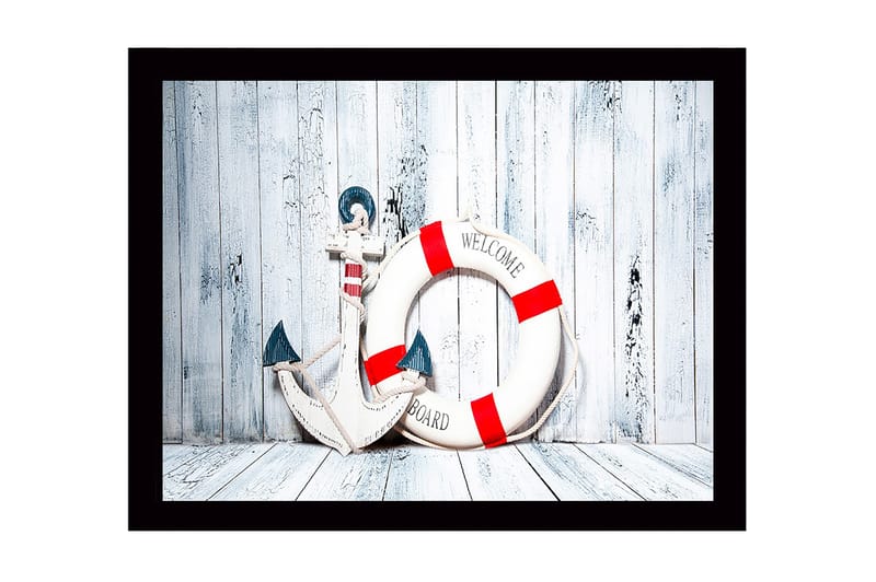 Kehystetty puutaulu canvasille - 41x56 cm - Ankkuri ja pelastusrengas tervetulotoivotuksella, Valkoinen / Punainen / Sininen