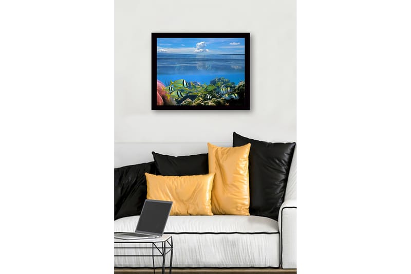 Kehystetty puutaulu canvasille - 41x56 cm - Värikäs vedenalainen kohtaus uivilla kaloilla ja koralliriutalla - Sininen / Vihreä / Keltainen - Sisustustuotteet - Taulu & taide