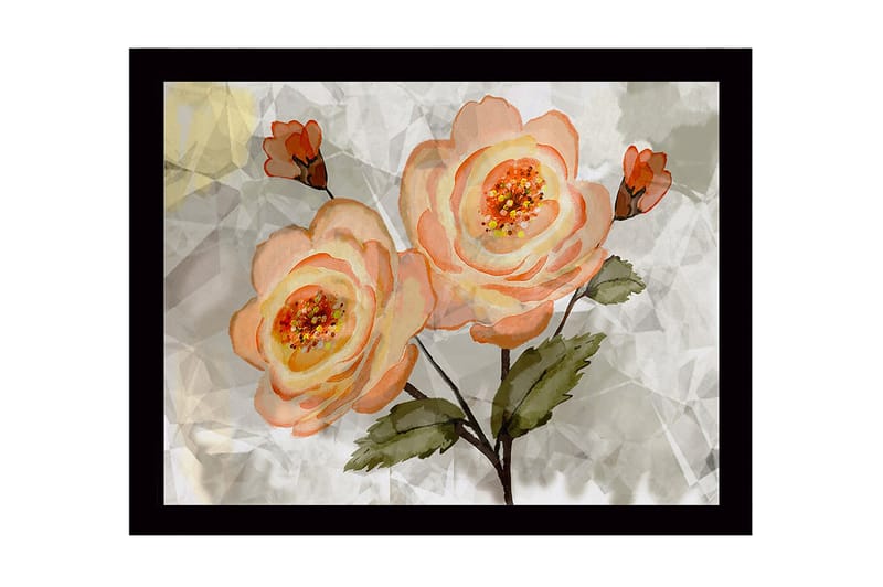 Kehystetty puutaulu canvasille - 41x56 cm - Vaaleanpunaiset kukat vihreillä lehdillä, Vaaleanpunainen / Vihreä / Beige