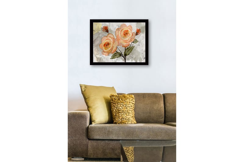 Kehystetty puutaulu canvasille - 41x56 cm - Vaaleanpunaiset kukat vihreillä lehdillä - Vaaleanpunainen / Vihreä / Beige - Sisustustuotteet - Taulu & taide