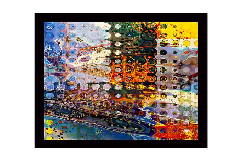 Kehystetty puukangas - 41x56 cm - Abstrakti sommitelma pyöreillä muodoilla ja värikkäillä kuvioilla, Sininen / Oranssi / Keltainen